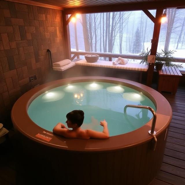 Personne se relaxant dans un spa extérieur en bois entouré d’arbres dans une forêt paisible.